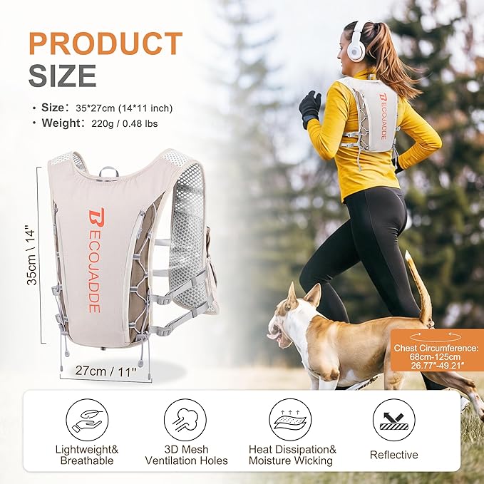 BECOJADDE Running Vest Hydration Backpack for Men Women, 5L Lightweight Running Backpack Hydration Pack for Marathon, Trail, Cycling, Hiking, Jogging