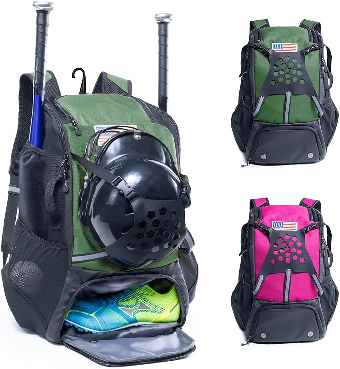 Baseball Backpack for Youth, Boys, Adults - Bat and Softball Equipment Bag With Glove Holder, Helmet, Shoes Compartment - T-Ball Accessories and Baseball Gifts