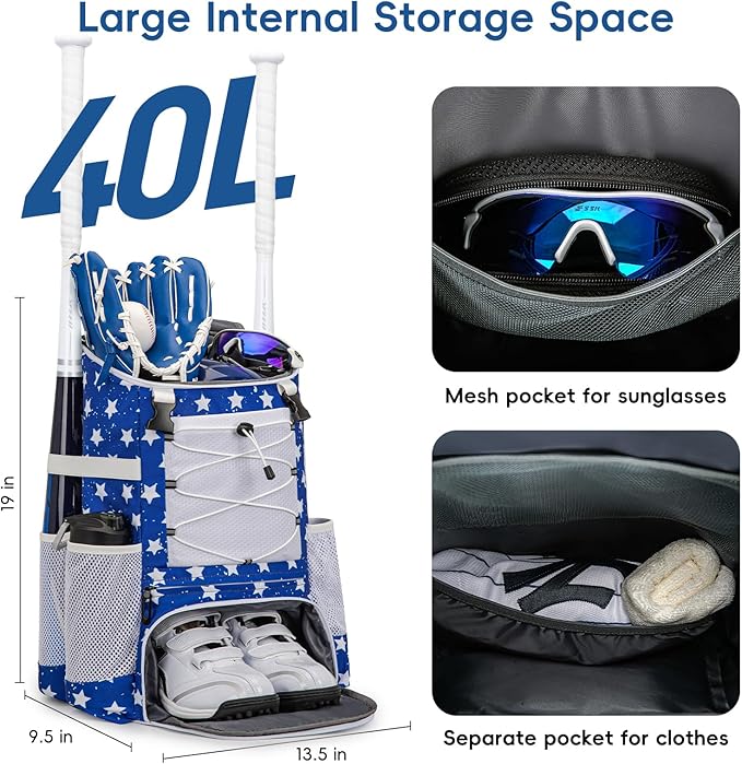 Baseball Bag for Youth and Adult, Softball Backpack 40L Large Capacity, Bat Backpack with Shoes Compartment and Hidden Helmet Holder