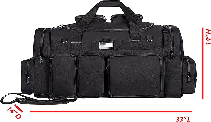 K-Cliffs Tactical Range Duffel Heavy Duty Large Gear Duffle Durable Quality Travel Sports Gym Equipment Bag Military Molle with Lockable Zippers with US Flag Patch 33 Inch Black