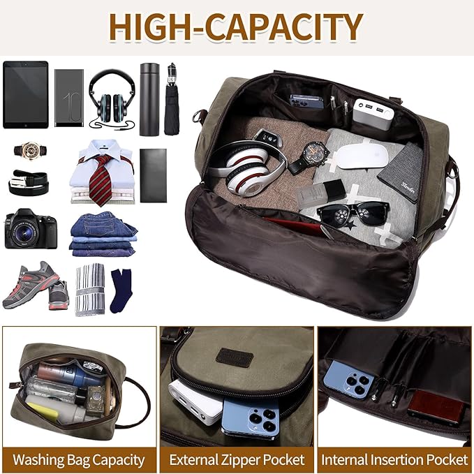 Nerlion Green Large Weekender Overnight Duffel Bag with Shoe Compartment and Leather Accents