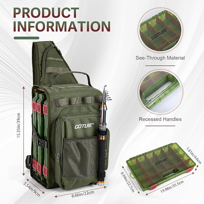 Goture OpenSide Tactical Sling Tackle Bag with 3 3700 Tackle Trays, Lightweight Fishing Backpack Storge Fishing Gear and Equipment - Green Bag Outdoor,Gift for men