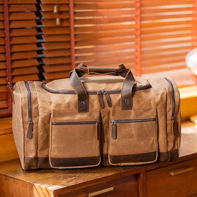 Polare 23” Waxed Canvas Cowhide Leather Waterproof Travel Duffel Bag Trim Luggage Weekender Overnight Carry on Hand Bag