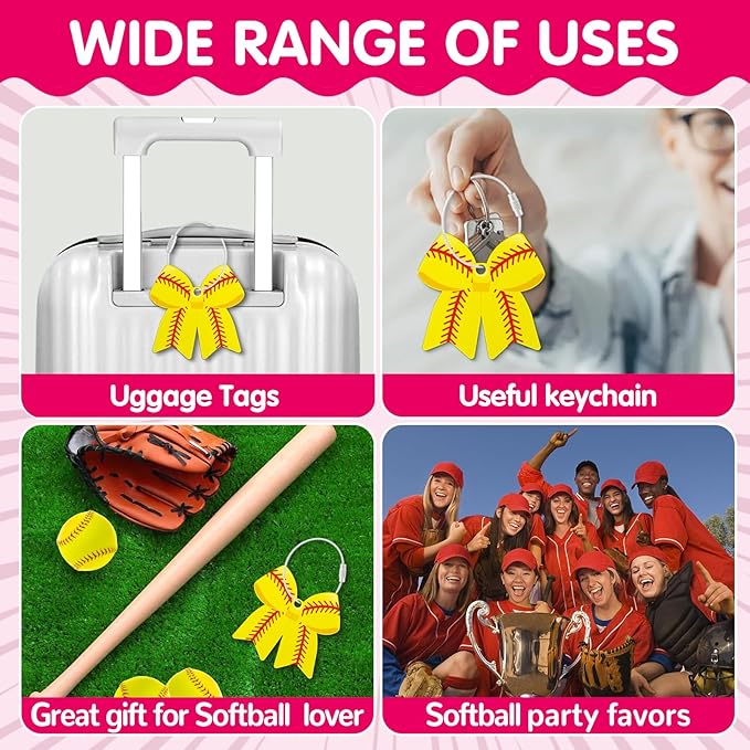 12 PCs Softball Bow Luggage Tags for Suitcases Travel Suitcase Labels with Metal Ring 2.75in Softball Bow Keychain PVC Name Id and DIY Pocket Hug Card for Men Women Travel Bag Suitcase Gift