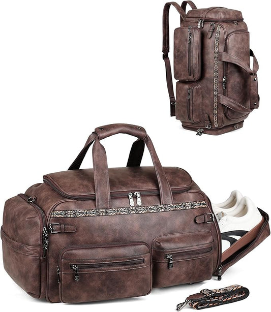 FADEON Duffle Bag for Women, Large Convertible Carry on Overnight Backpack, Designer Leather Mens Weekend Bags for Travel
