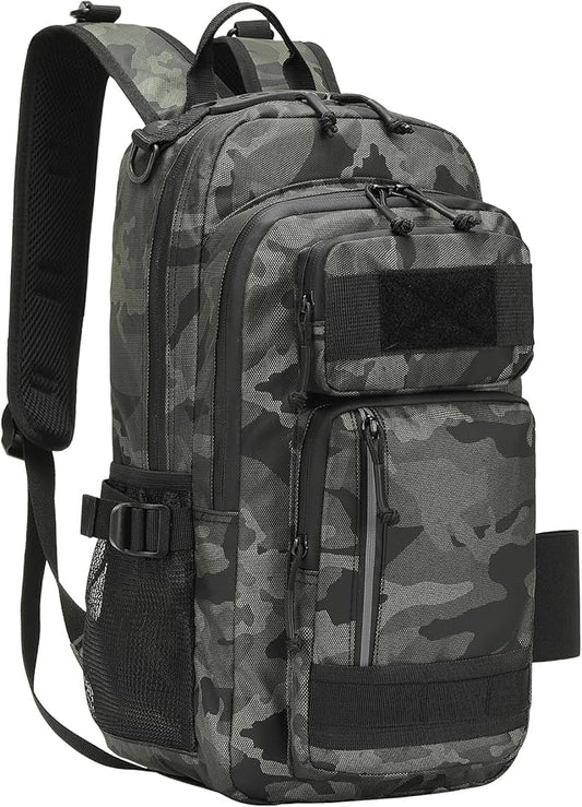 35L Fishing Backpack with Rod Holder, Waterproof Tackle Sling Crossbody Bag with Multi Pocket for Fishing Camping Hunting Hiking, Army Green Camouflage