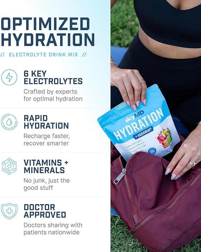 SkyMD Hydration packets with electrolytes powder- Add to water or any liquid- Hydration Multiplier Variety Pack: Lemon Lime, Passion Fruit, Strawberry, Watermelon- Great source of Vitamin C- 16 Sticks