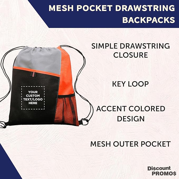 DISCOUNT PROMOS Custom Non-Woven Drawstring Backpacks Set of 10/50/100, Personalized Bulk Pack
