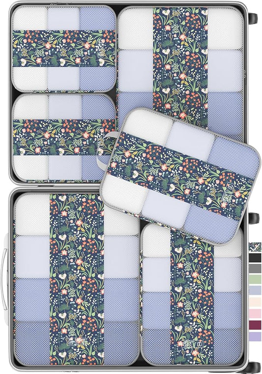 6 Set Compression Packing Cubes for Travel Essentials,Compressible Expandable Packing Cubes for Suitcase,OlarHike Luggage Organizer Bags for Travel(Dark Blue Floral)