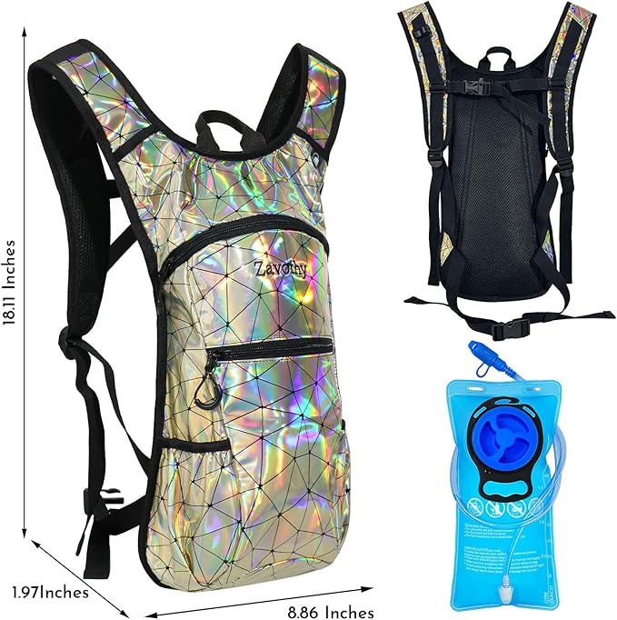 Zavothy Rave Hydration Backpack with 3L Bladder, Colorful Festival Hydration Pack with Side Pockets, Lightweight Water Backpack for EDM, Music Festivals, Hiking & Cycling