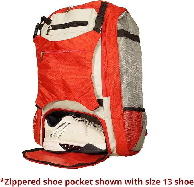Baseball Backpack with Cleat/Shoe Pocket | Large Capacity | 19.5" T x 14" W x 7.5" D | Holds 4 Bats | External Helmet Storage | 3 Extra Zipper Pockets for Sunglasses, Seeds, Cell Phone (Red/Gray)