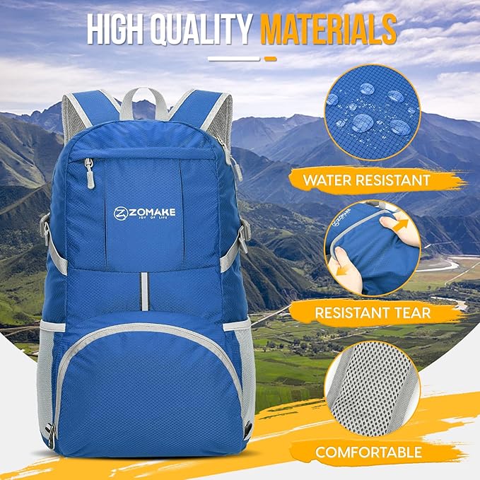 ZOMAKE Lightweight Packable Backpack 35L, Light Foldable Backpacks Water Resistant Collapsible Hiking Bag, Compact Folding Day Pack for Travel Camping(Dark Blue)