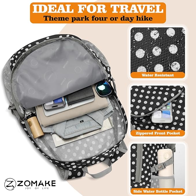 ZOMAKE Lightweight Packable Backpack 30L, Foldable Hiking Backpacks Water Resistant Compact Folding Daypack for Travel(Black，White polka dots)