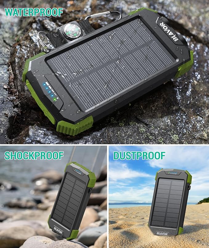 BLAVOR Solar Power Bank 10,000mAh, Portable Wireless Charger, 20W Fast Charging External Battery Pack with USB C for Cell Phones, Solar Panel Charging with Dual Flashlight for Camping