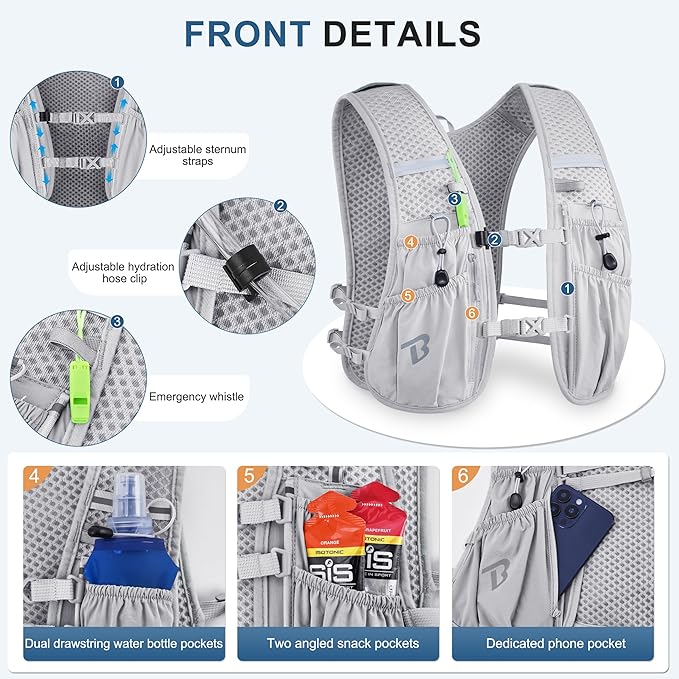 BECOJADDE Running Vest Hydration Backpack for Men Women, 5L Lightweight Running Backpack Hydration Pack for Marathon, Trail, Cycling, Hiking, Jogging