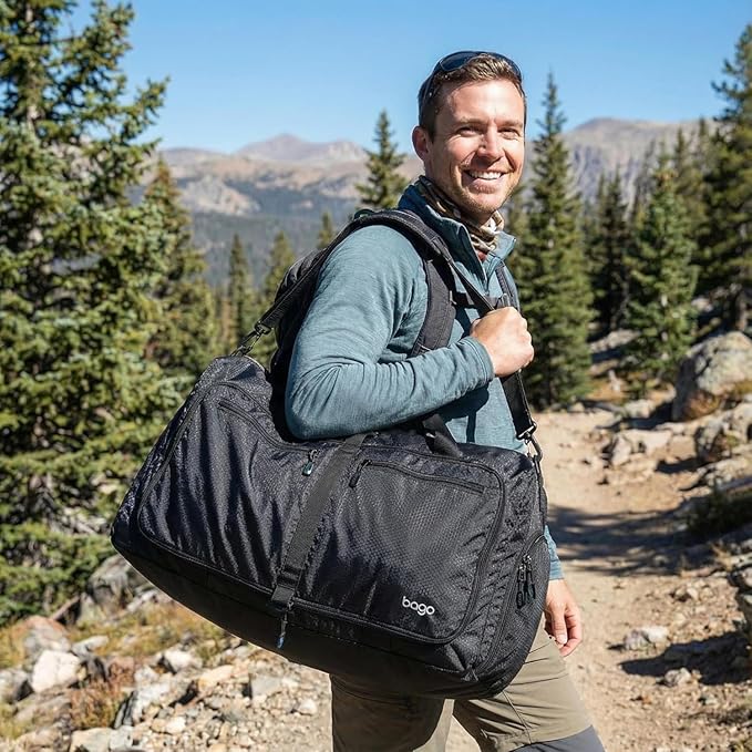 Bago Foldable Duffel Bags for Traveling Women & Men - 60L Medium Packable Duffle Bag for Travel with Shoe Compartment - Water Repellant, Heavy Duty, Lightweight Folding & Collapsible (All Black)