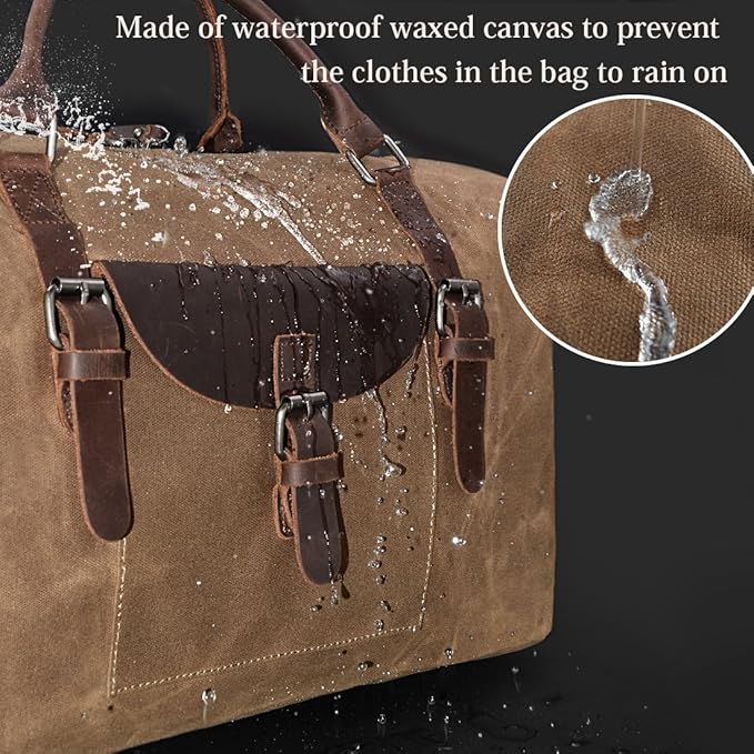 Oversized Travel Duffel Bag Waterproof Canvas Genuine Leather Weekend bag Weekender Overnight Carryon Hand Bag Brown