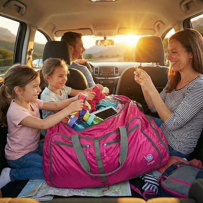 Bago Large Foldable Duffel Bags for Traveling Women & Men - 80L Packable Duffle Bag for Travel with Shoe Compartment - Water Repellant, Heavy Duty, Lightweight Folding & Collapsible (Pink)