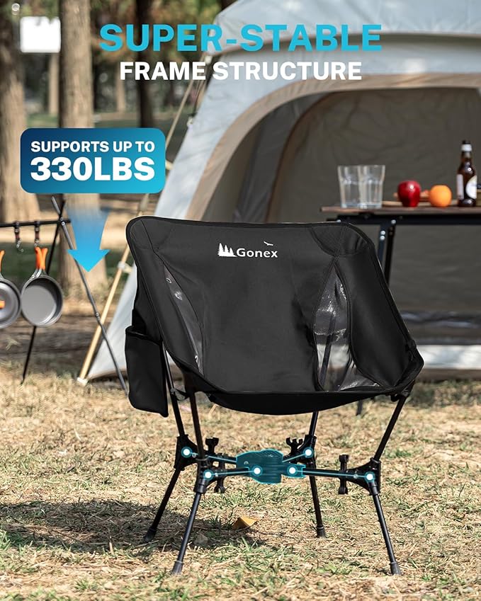 Gonex Portable Camping Chair, The 5th Gen Ultralight Compact Backpacking Foldable Lightweight Folding Chair for Outdoor Camp Hiking Beach Picnic Concert, Supports 330lbs (Black, 2 PCS)