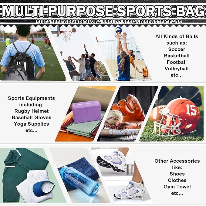 KAEGREEL Drawstring Soccer Bag Basketball Backpack for Kids Teens, Foldable Sports Bags Detachable Ball Mesh Bag for Gym Yoga Football Baseball