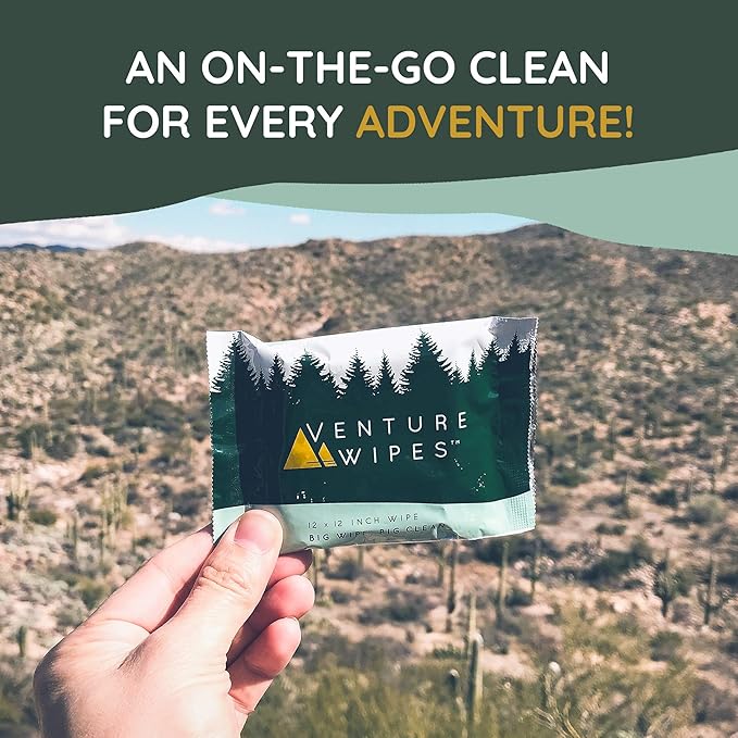 Venture Wipes Tea Tree Oil Body Wipes - Adventure Wipes for Adults - Biodegradable Cleansing With Aloe and Vitamin E - Camping Essentials - Individually Wrapped - 25 Count Bag