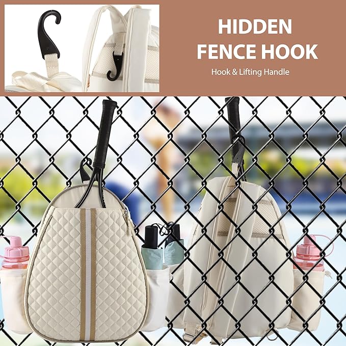 Tennis Racket Bag, Tennis Bags for Women, Quilted Sling Crossbody Backpack with Hook, Water Resistant Tennis Racket Cover for Pickleball, Racketball