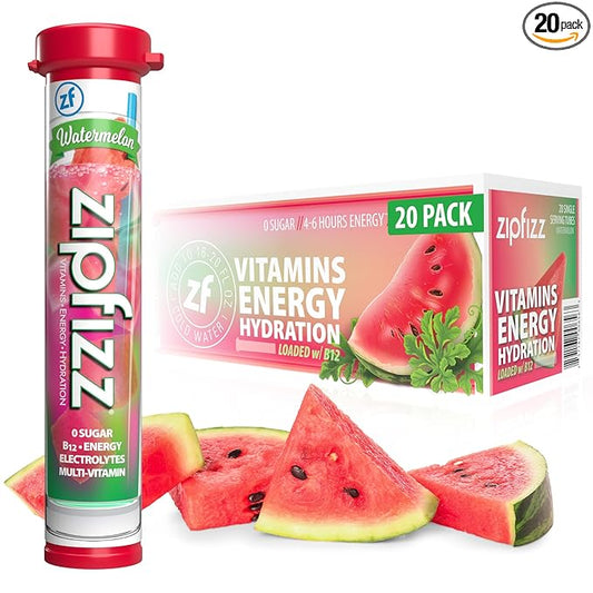 Zipfizz Daily Energy Drink Powder, Watermelon, 20 Pack | 3-in-1 Sustained Energy, Rapid Hydration, and Essential Vitamins | Sugar-Free | Electrolyte Powder | Contains Vitamin B-12 & Antioxidants