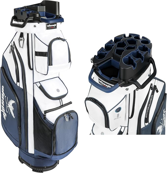 14 Way Full-Length Divider Top Men Golf Cart Bag, Fixed Slots Clubs Organized Premium Oxford Cloth Women 13 Pockets Black Blue Green Golf Bag with 3 Handles Cooler Rain Cover