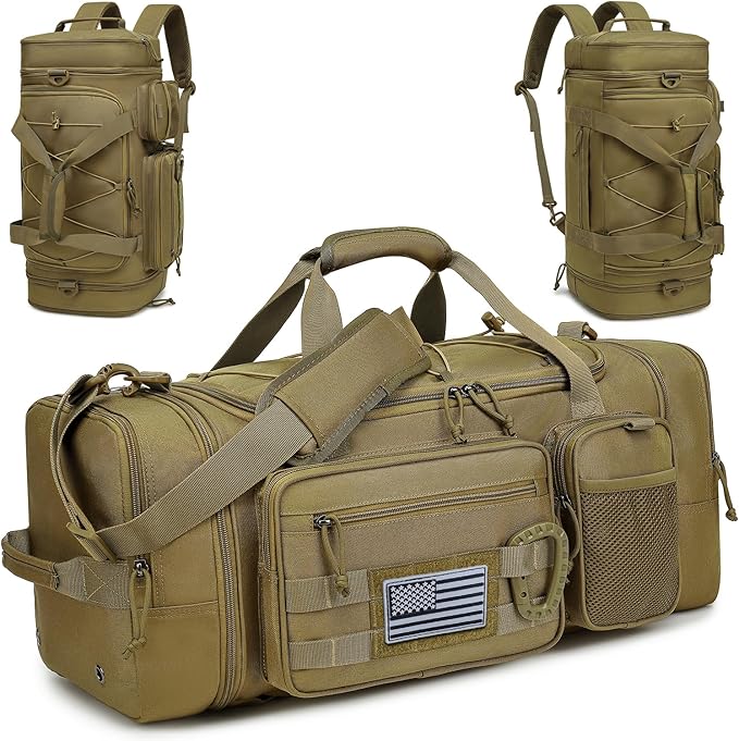 3 in 1 Tactical Gym Bag Backpack for Men 50-55L Expandable Travel Duffle Bag for Women Military Sport Duffel Bags Weekend Overnight with Shoe Compartment & Wet Pocket for Fitness, Brown