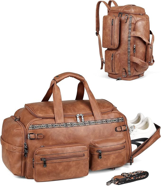 FADEON Duffle Bag for Women, Large Convertible Carry on Overnight Backpack, Designer Leather Mens Weekend Bags for Travel