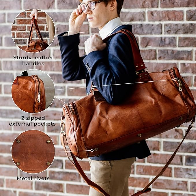 Berliner Bags Vintage Genuine Leather Duffle Bag Bergen for Travel or the Gym, Weekender, Travel Bag, Overnight Bag for Men and Women - Brown