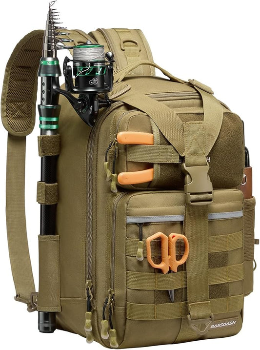 BASSDASH Convertible Fishing Backpack Sling Bag with Rod Holder, Adjustable Tactical Water-Resistant Tackle Storage Pack FP07