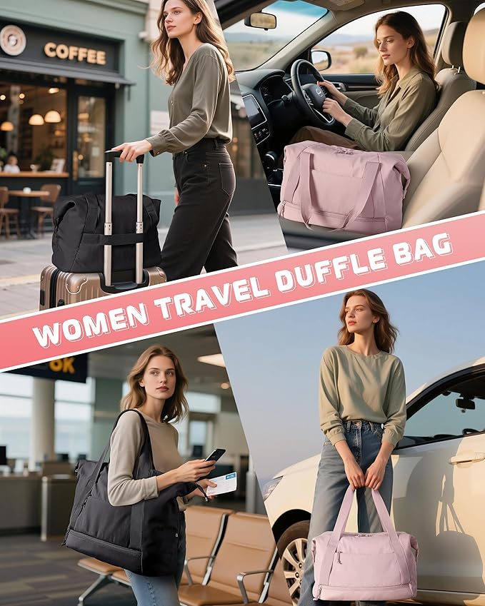 Travel Duffle Bag with Shoe Compartment and Laptop Sleeve for Women, Lightweight Weekender Duffel Bag for Travel, Gym, Hospital Labor Delivery, Pink