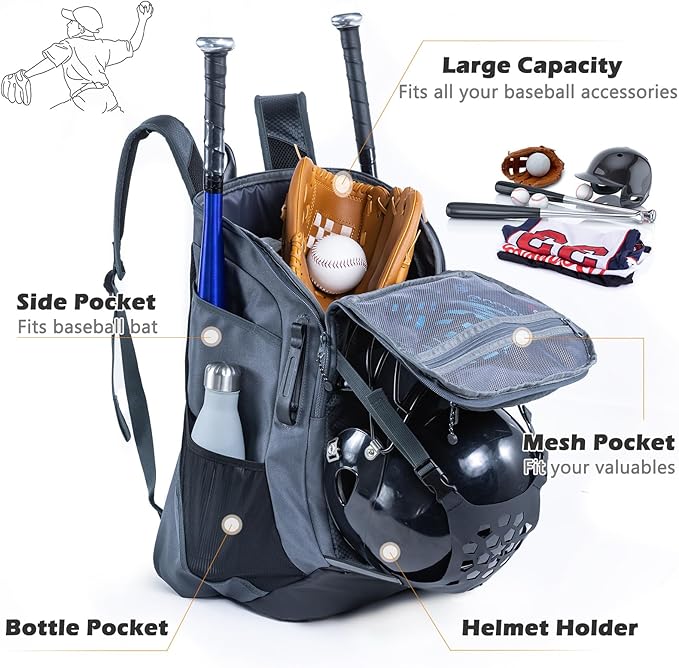 | Baseball Bag Softball Bat Bag, Double-layer Baseball Backpack Adult with Gear Klip To Hold Baseball Glove, Baseball Essential Gear, Youth Baseball Bag for Boys, Girls, Baseball Accessories