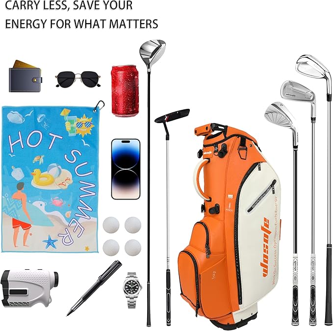 WOSOFE PU Golf Bag with 6/14 Way Top Dividers Automatically Adjustable Dual Straps Elegant Design for Men Women Pu Golf Stand Bag with Multiple Pockets