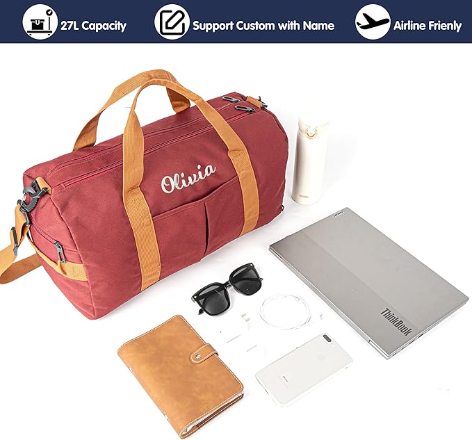 Duffle Bag for Men Personalized Overnight Bags Travel Bag with Durable Canvas Weekender Overnight Bag with Shoe Compartment Custom Groomsmen Gift for Travel Gym Storage Camping Moving (Red)