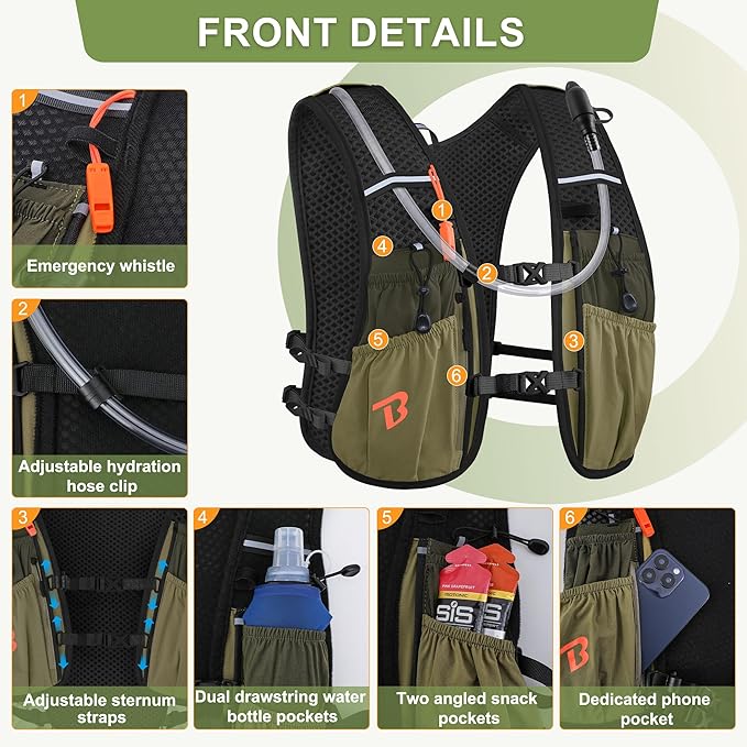 BECOJADDE Running Vest Hydration Backpack for Men Women, 5L Lightweight Running Backpack Hydration Pack for Marathon, Trail, Cycling, Hiking, Jogging