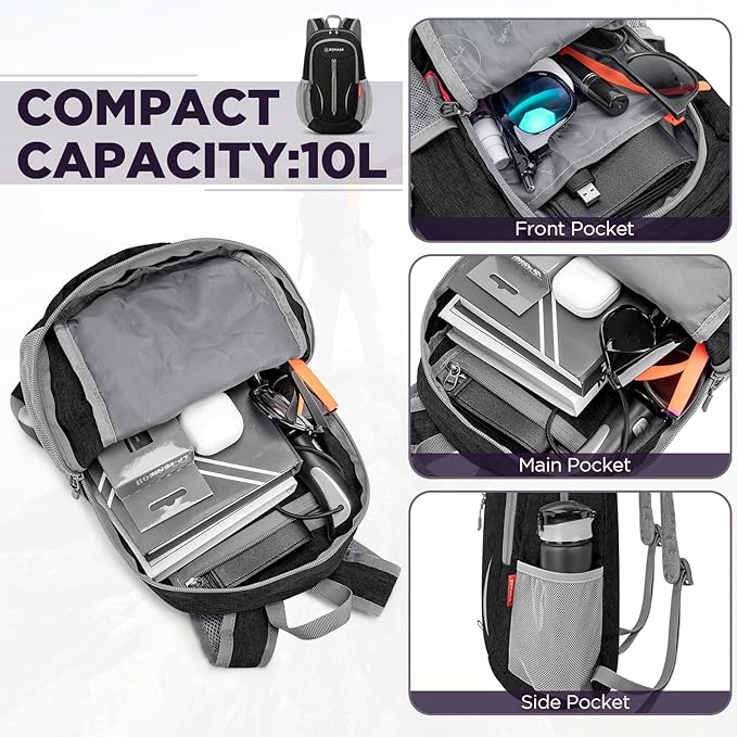 ZOMAKE Ultra Lightweight Packable Backpack 10L,Small Foldable Backpacks Hiking Water Resistant Collapsible Daypack for Women Men(Black-C1)