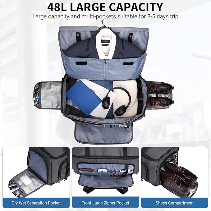 WITZMAN Mens Garment Duffle Bags for Travel Convertible Carry-on Suit Garment Bag for Men Hanging Clothes with Shoe Compartment（B724 Silvery Grey）