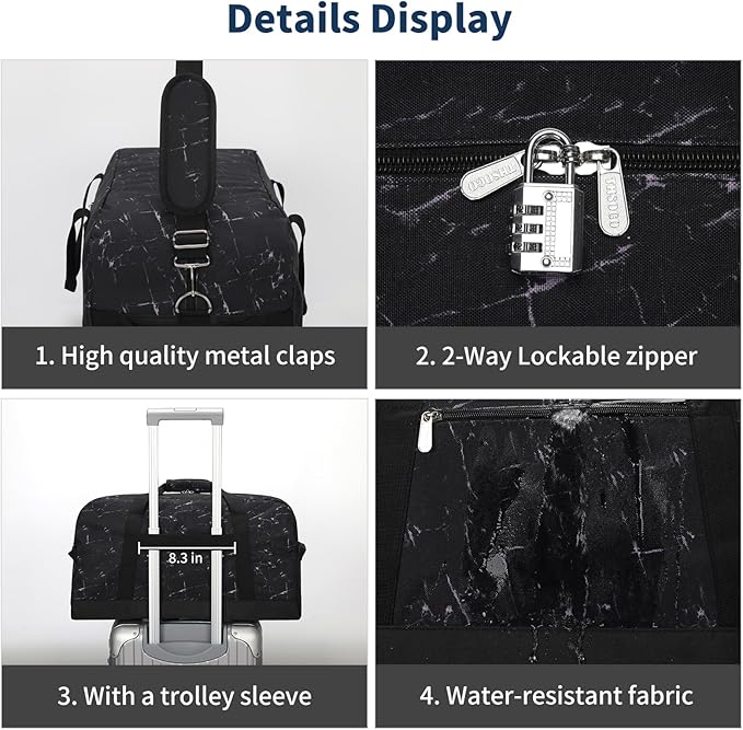 21 inch Gym Bag for Men - 40L Travel Duffel Bag Sport Duffle Bags for Weekend Overnight with Bottom Support (Marble Black）