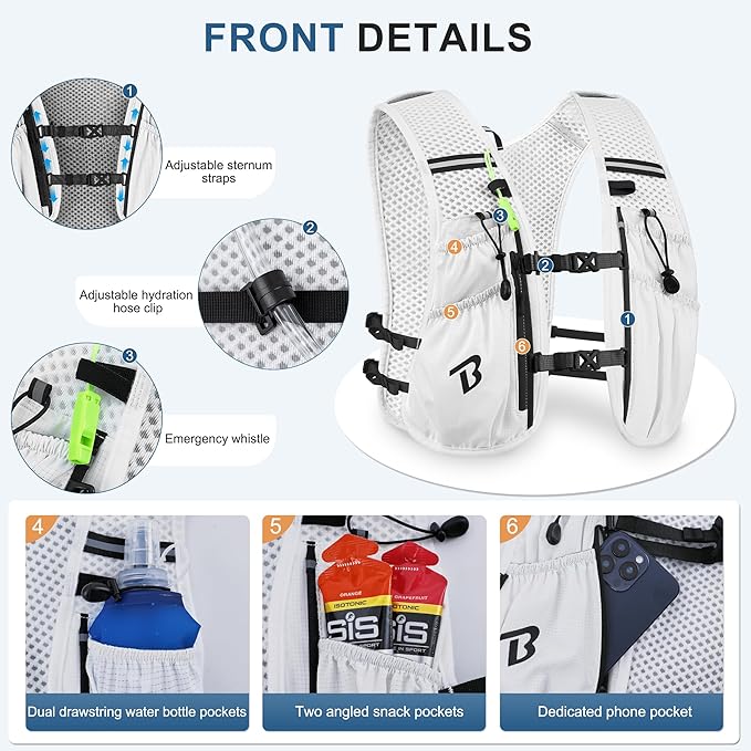 BECOJADDE Running Vest Hydration Backpack for Men Women, 5L Lightweight Running Backpack Hydration Pack for Marathon, Trail, Cycling, Hiking, Jogging