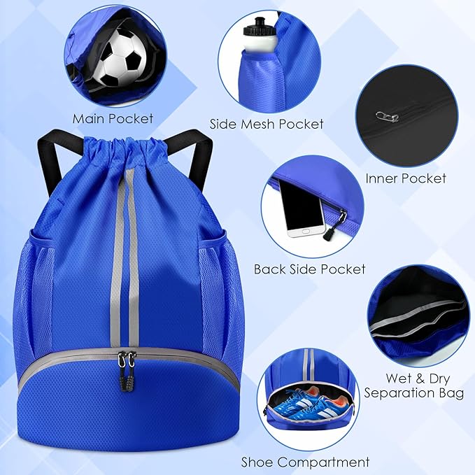BROTOU Soccer Bags, Football Backpack, Volleyball Bag, Drawstring Backpack with Ball and Shoe Compartment, Football bags for Equipment Swim Gym Bag
