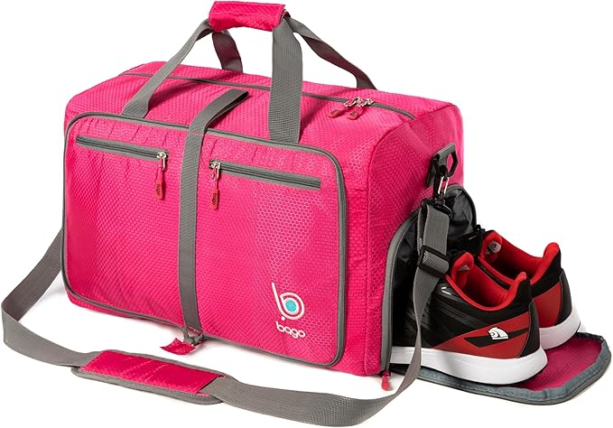 Bago Foldable Duffel Bags for Traveling Women & Men - 40L Sports Packable Duffle Bag for Travel with Shoe Compartment - Water Repellant, Heavy Duty, Lightweight Folding & Collapsible (Pink)