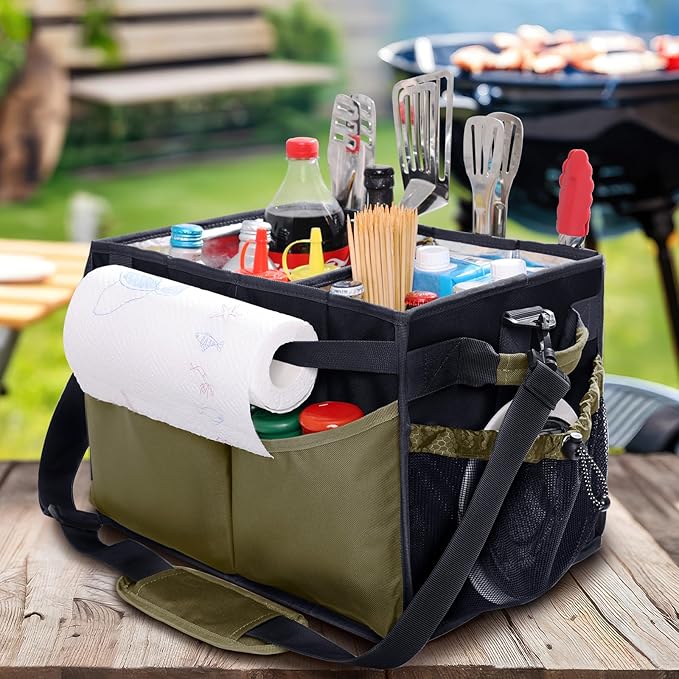 Large Grill Caddy with Paper Towel Holder – Collapsible BBQ Organizer for Camping, Tailgating, RV, Boating – Grilling Gifts for Men – Griddle Tote Bag with Shoulder Strap – Outdoor Essentials