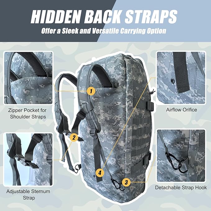 65L Large Travel Duffle Bag Military Tactical Backpack, Army Assault Pack 3 Day Bug Out Rucksack for Outdoor Sports Hiking Camping with Molle System