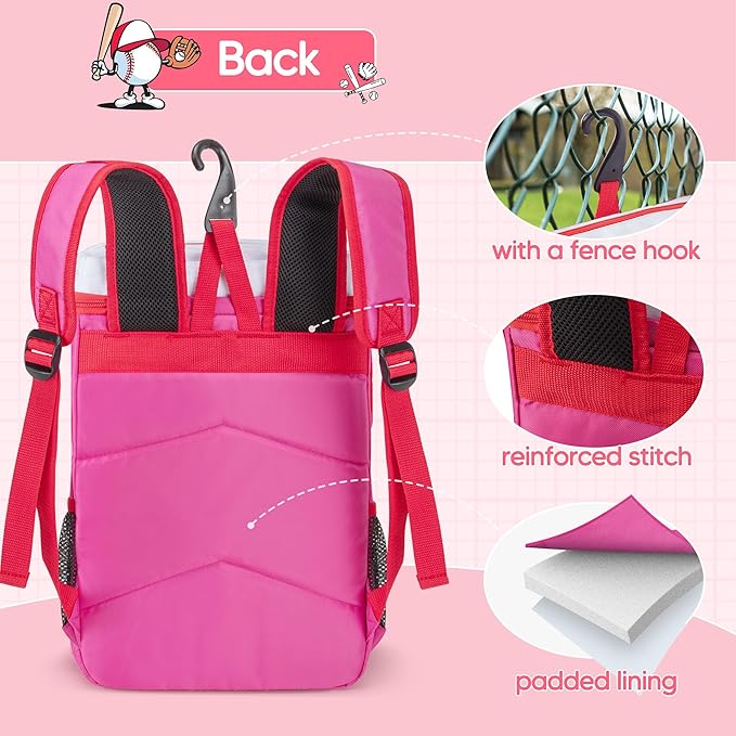 Youth Baseball Bag for T Ball, Rec and Travel Ball, Softball Bag with Helmet Holder and Fence Hook