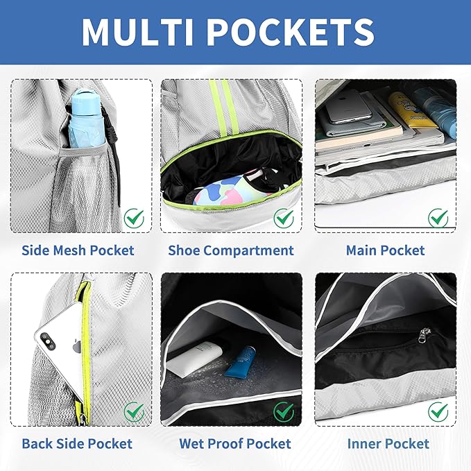 Drawstring Backpack Gym Bag with Shoes Compartment for Soccer, Basketball, Swim, Water-Resistant String Backpack Beach Cinch for Women Men, Grey, Medium