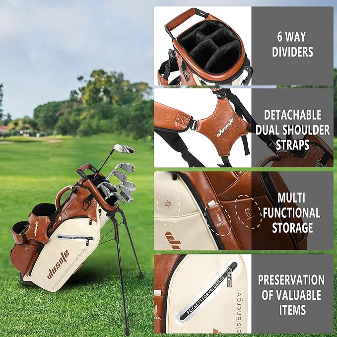 WOSOFE PU Golf Bag with 6/14 Way Top Dividers Automatically Adjustable Dual Straps Elegant Design for Men Women Pu Golf Stand Bag with Multiple Pockets