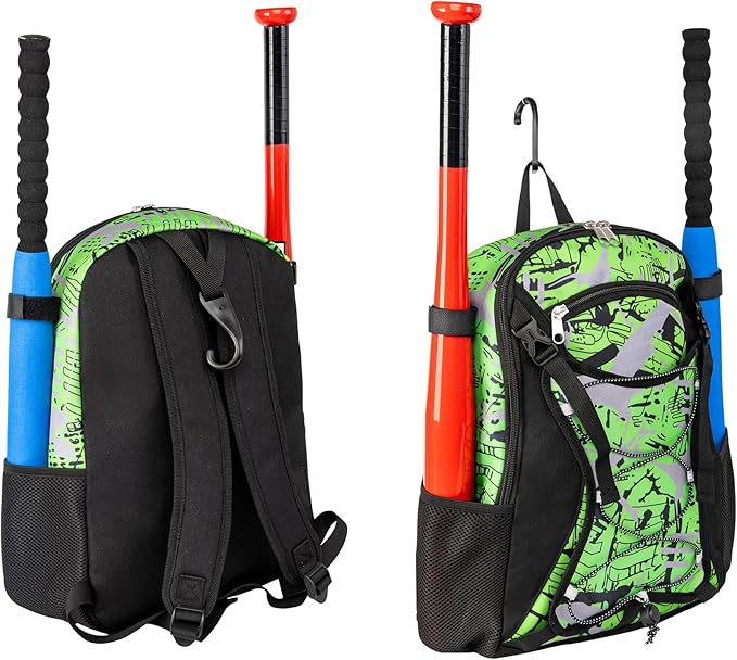 Youth Baseball Bat Bag Backpack, T-Ball & Softball Equipment Gear for Youth with Fence Hook, Lightweight Baseball Bat Backpack, Large Main Compartment for Helmet