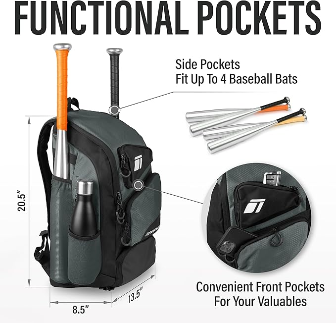 Baseball Bag - Backpack for Baseball, Softball, Tball - Adults & Youth Bat Bag